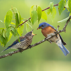A male Eastern Bluebird feeds one of his fledgling chicks.