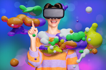 Creative cyber digital collage of young woman playing vr box complete lever game floating fluid aqua metaballs