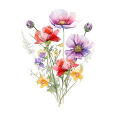 Watercolor colorful wildflowers bouquet isolated on white background. Ai generated