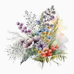 Watercolor colorful wildflowers bouquet isolated on white background. Ai generated