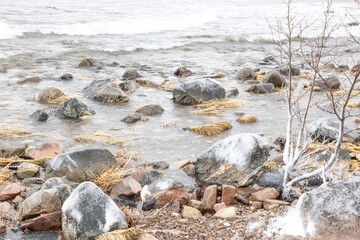 stones on the beach in winter