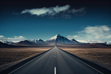 Empty asphalt road in Iceland with snow capped mountains in the background. generative ai