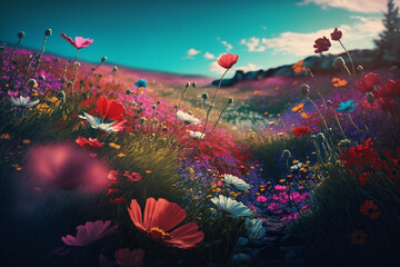 Plakat Spring Meadow: A Colorful Landscape Photography generative ai