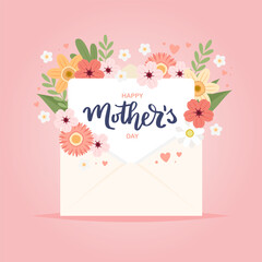 Happy mother s day card. Envelope with flowers and hand drawn lettering. Greeting card template, cute vector illustration