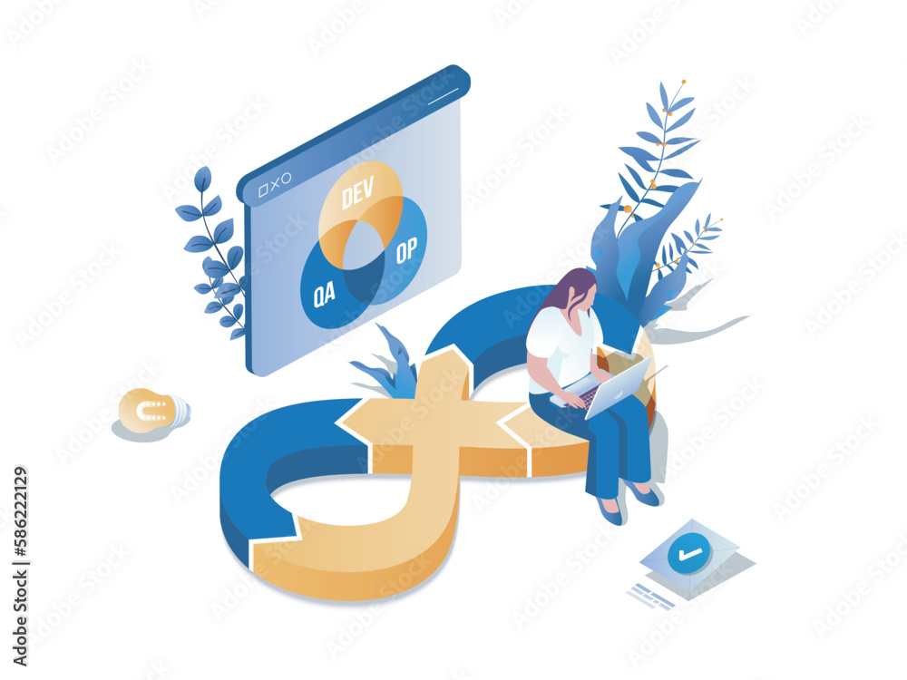 Aufkleber DevOps concept 3d isometric web scene. People working in IT industry, creating software and using development operations system for communication. Vector illustration in isometry graphic design