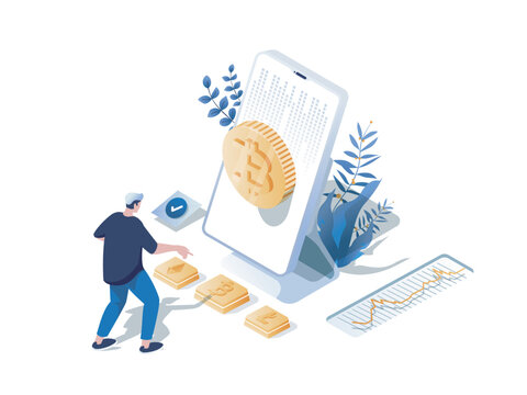 Cryptocurrency concept 3d isometric web scene. People mining crypto money, buying or selling bitcoins and other digital currencies at marketplaces. Vector illustration in isometry graphic design