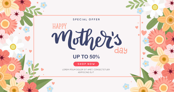 Mother s day sale banner with flowers and hand drawn lettering, vector illustration in flat style