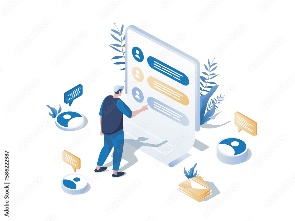 Poster forum concept 3d isometric web scene. people communicate online in forum, leave messages in group ch