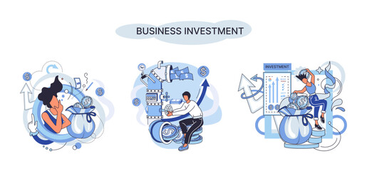 Business investment metaphor. Investment capital for profit and income multiplying. Buying shares and funds, modern economy. Investor strategy, financing business activities. Active or passive income