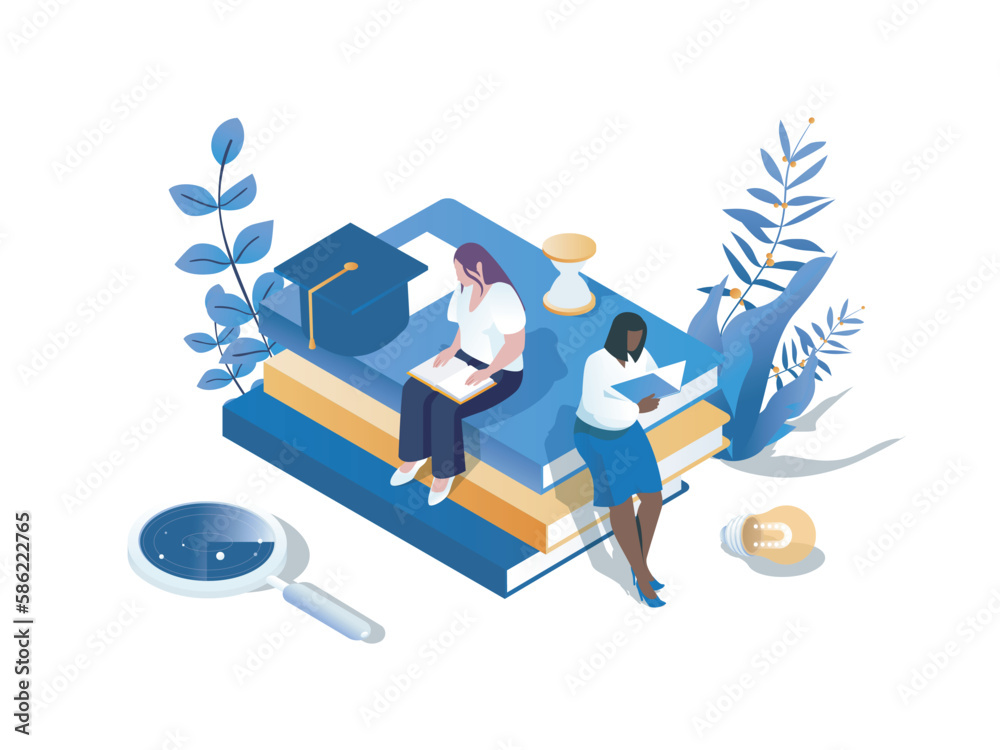 Poster Knowledge concept 3d isometric web scene. People reading different books and textbooks for improving skills and preparing graduates exam at university. Vector illustration in isometry graphic design