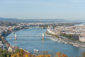 Fototapeta na wymiar Landscape of Danube River and Budapest City Dock from Citadella, Hungary.