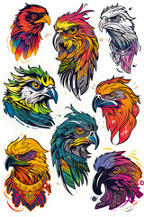Fototapeta premium Gorgeous birds sticker design, owl, eagle, flying apex predators. Generative ai