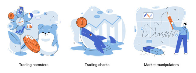 Shark emerges from water and holds gold coins on its nose. Trading hamsters and whale metaphor set. Fake data for business valuation. Inexperienced investor, bad investment, experienced traders