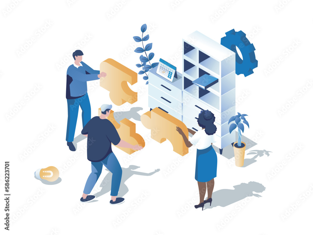 Leinwandbilder teamwork in office concept 3d isometric web scene. people working together and collecting puzzle, do
