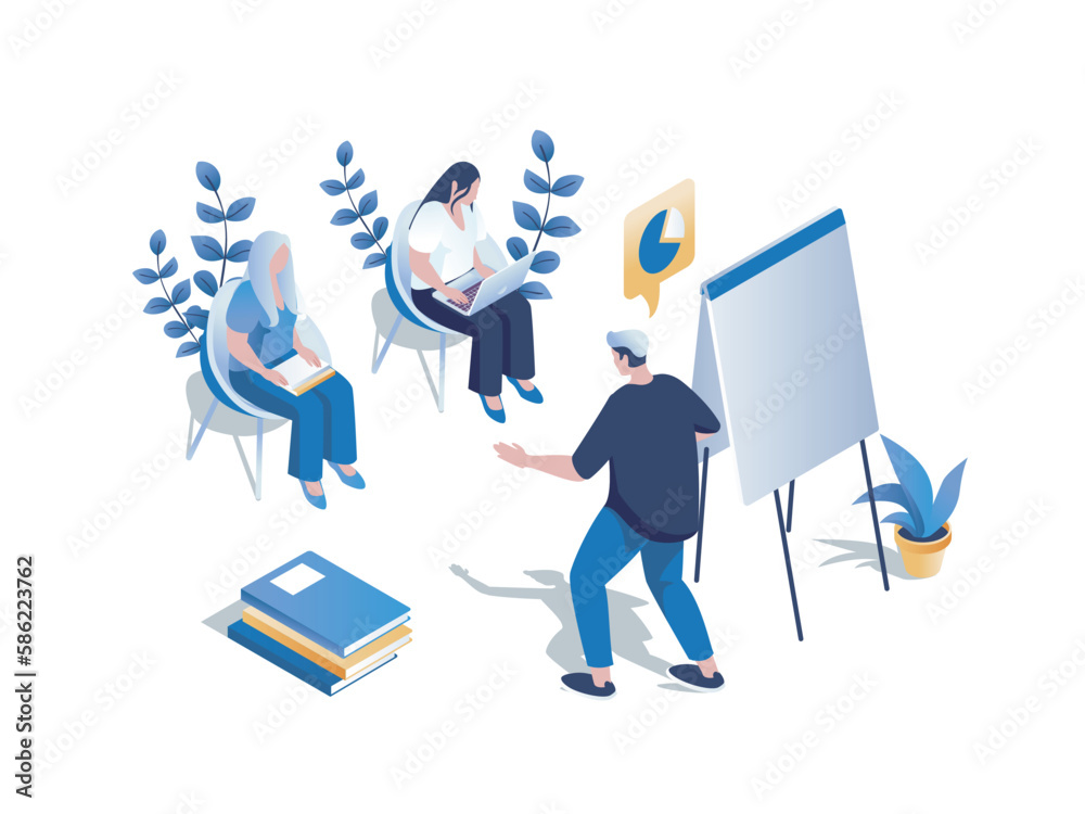 Leinwandbilder training course concept 3d isometric web scene. people listening business coach with presentation, i