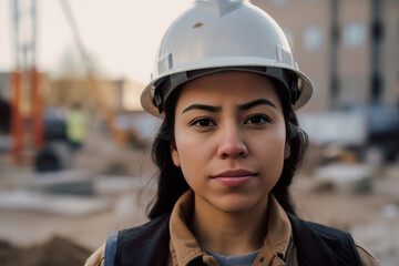 Woman wearing a hard hat on a building site. Generative AI.