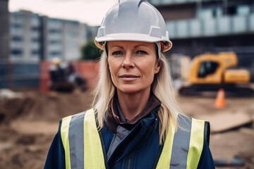Close up portrait of an architect wearing a hard hat on site. Generative AI.