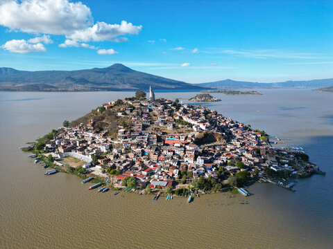 Janitzio Island's Majestic Mountain and Clouds from Above
