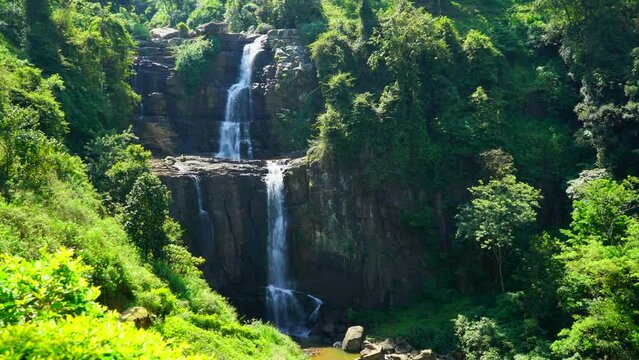 Double waterfall in the rainforest. Ramboda waterfall in Sri Lanka