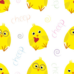 Vector seamless pattern with little yellow chicks characters in cartoon style 