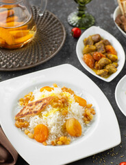 Azerbaijani national dish Pilaf with meat dried fruits
