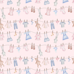 Watercolor seamless pattern. Hand painted illustration of teddy bear, bunny hare. Washed boys and girls clothes: dress, shorts, t-shirt, crawlers, bonnet. Print on pink background for children textile