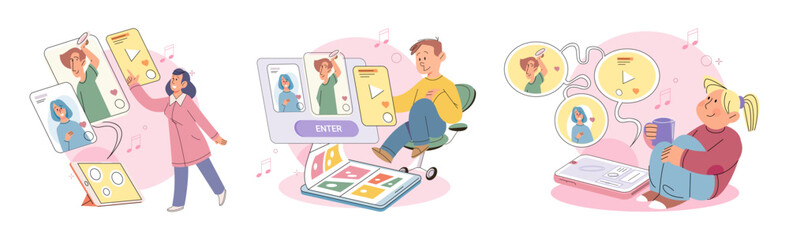 Children at home with phones and tablets set. Kids remote education, toddlers use smart technologies. Kids studying online, surfing social media, playing game, chatting by video call and use internet