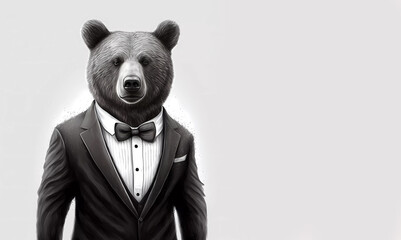 Bear in a business suit on a white background. Black and white portrait. created by AI