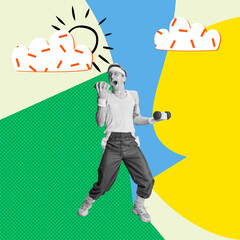 Difficult choice. Diet of sport. Young man standing with food and fitness dumbbell against colorful background. Contemporary art collage. Concept of sportive lifestyle, art, creativity. Bright design.