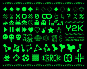 Futuristic Y2K graphic icons, acid shapes, rave elements. Geometric shapes trippy vibe shapes, vaporwave 00s,90s. y2k for graphic design, poster, merch, flyers. Vector set