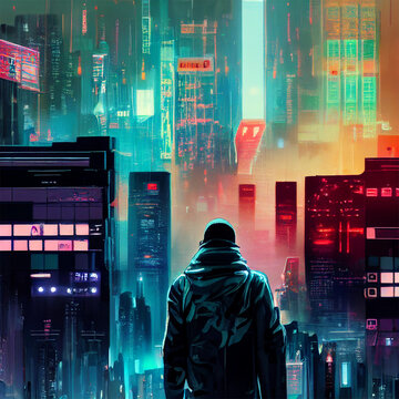 Cyberpunk Stadt Szene, Zukunft City Technologie Motiv, Gaming Charakter 2