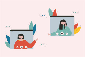 Flat vector illustration of two girls doing an online conference, people connecting together, video conference remote working on laptop computer, virtual meeting concept
