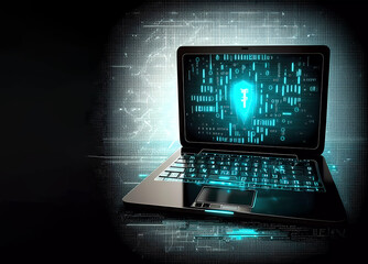 internet security. Laptop with binary code. Banner. AI generated