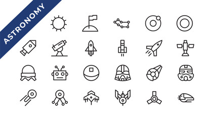 space and planet Vector Line Icons, thin line style.Contains such Icons as space, planet, alien, solar, astronaut, technology, space travels, stars, exploration And Other Elements