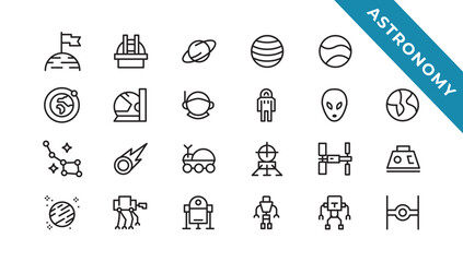 space and planet Vector Line Icons, thin line style.Contains such Icons as space, planet, alien, solar, astronaut, technology, space travels, stars, exploration And Other Elements © artnazu
