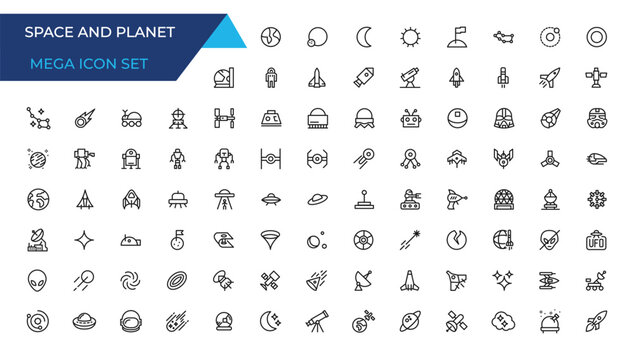 space and planet Vector Line Icons, thin line style.Contains such Icons as space, planet, alien, solar, astronaut, technology, space travels, stars, exploration And Other Elements