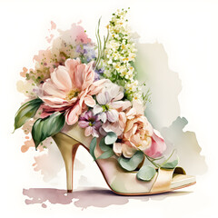 Watercolor illustration peep toe with spring flowers. Illustration by Generative Ai
