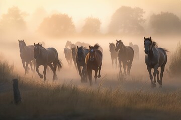 Fototapeta na wymiar running horses in the fog, generative AI