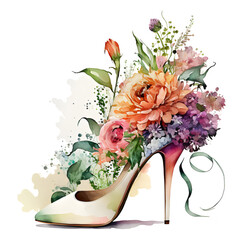 Beautiful peep toe with colorful spring flowers watercolor. Illustration by Generative Ai

