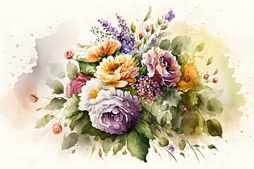Watercolor illustration of a colorful flower bouquet. Illustration by Generative Ai
