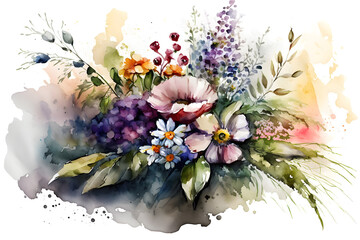 Charming bouquet of flowers in a watercolor style. Illustration by Generative Ai
