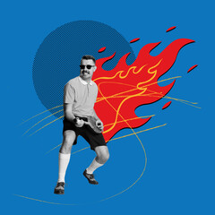 Stylish handsome man posing with tennis racket against blue background with fire. Activity and hobby. Contemporary art collage. Concept of sportive lifestyle, art, creativity. Colorful design.