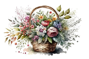 Illustration of spring flowers in a basket in a watercolor style. Illustration by Generative Ai
