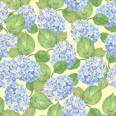 Garden flowers hydrangea painting in watercolor on cream background. Floral spring  seamless pattern.