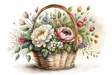 Watercolor Cute basket with spring flowers. Illustration by Generative Ai
