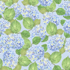 Watercolor seamless pattern with  hydrangea flowers on blue background. 