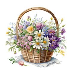 Beautiful basket with colorful spring flowers in watercolor. Illustration by Generative Ai
