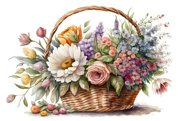 Fototapeta na wymiar Watercolor Cute basket with spring flowers. Illustration by Generative Ai 