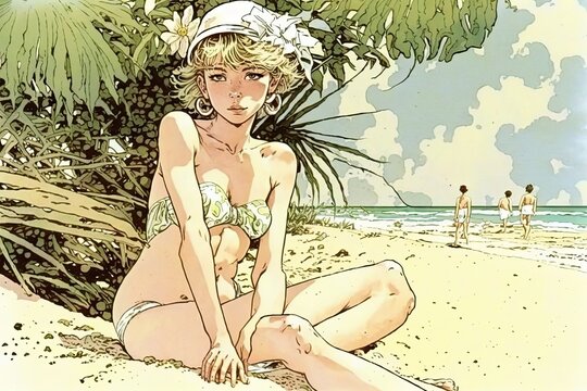 beauty blonde on sunny beach. Generative Ai