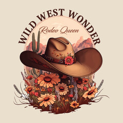 Cowgirl hat scene over desert flower garden in the background.Wild West Wonder. Rodeo Queen. Artwork design, illustration for T-shirt design, printing, poster, wild west style, American western.